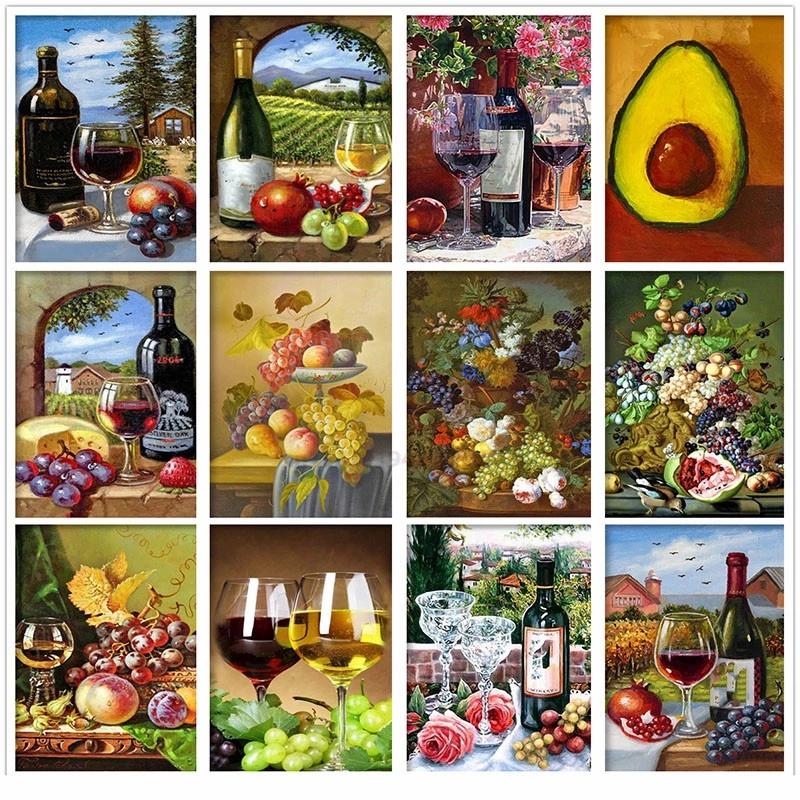 5D DIY Полный дрель Алмазная картина Фрукты серии Бутылка красного вина Алмазная мозаика Пейзаж Вышивка крестиком Наборы домашнего декора