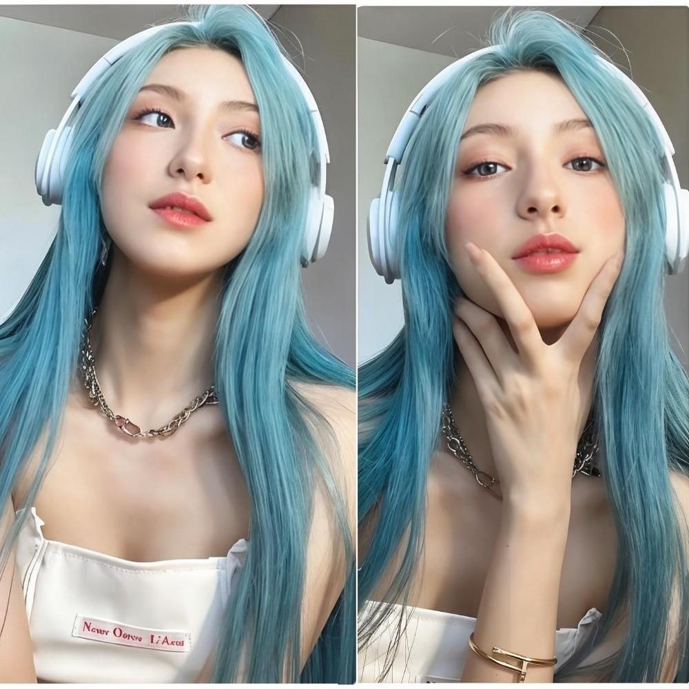 Harajuku Sea Salt Blue Wig 28inch Lolita Cosplay Wig Fake Hair Long Straight Synthetic Wig JK Girl