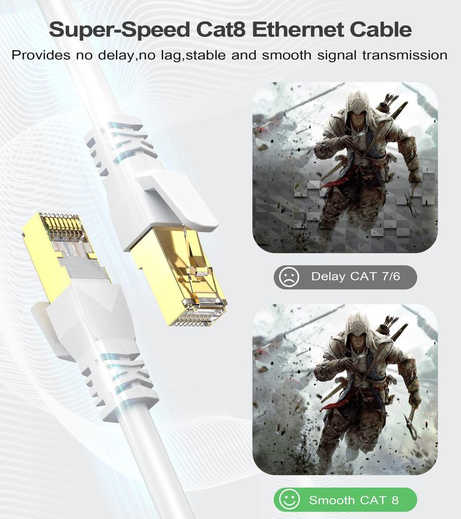 LAN Cable CAT8 Ultra High Speed RJ45 Category 8 Compliant Ethernet Cable Nail Break Prevention STP Shield Modem Router Compatible with PS3 PS4 Xbox