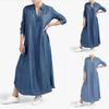 Plus Size Solid Color Denim Maxi Dress: V-Neck Long Sleeve A-Line Cut Dress for Women, Casual Comfortable Everyday Casual Chic Outfit