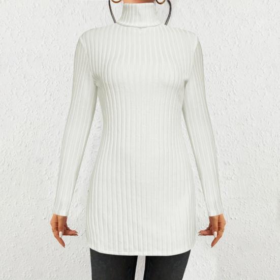 Women Knitting Tops High Collar Long Sleeve Slim Fit Sweater Tops Mid-length Side Split Design Solid Color Ribbed Tops