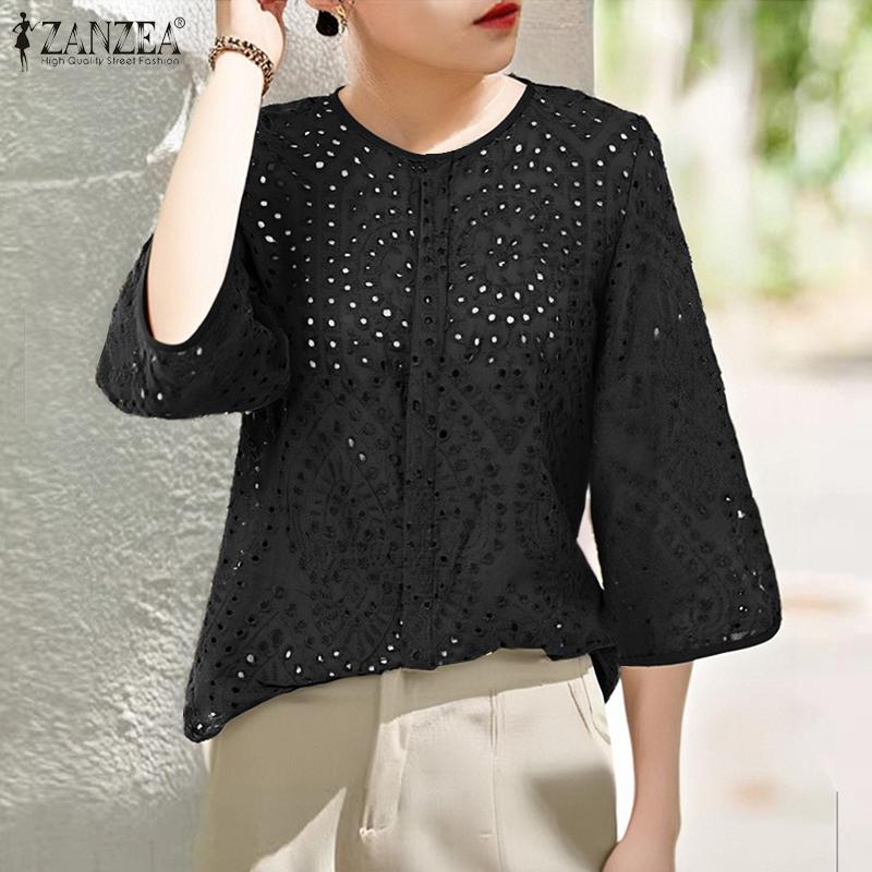ZANZEA Женская летняя блузка с круглым вырезом и рукавом 3/4 из кружева Crochet в стиле пэчворк