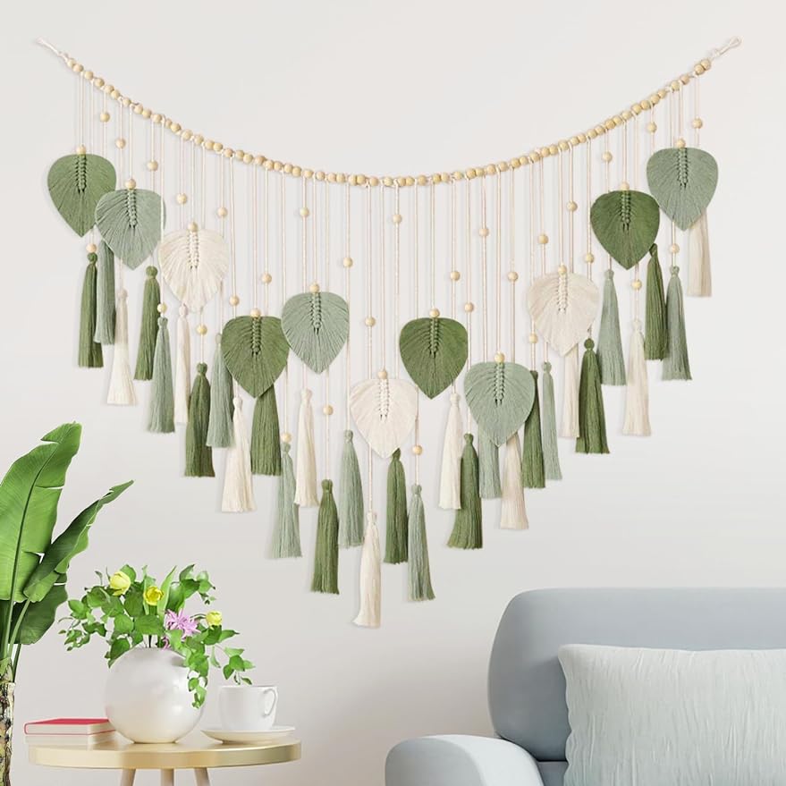 Urbun Macrame Wall Hanging Leaves- Large Chic Feather Boho Decor Wowen Art Leaf Tassels Tapestry Handmade Macrame Wall Decor for Bedroom,Living Room