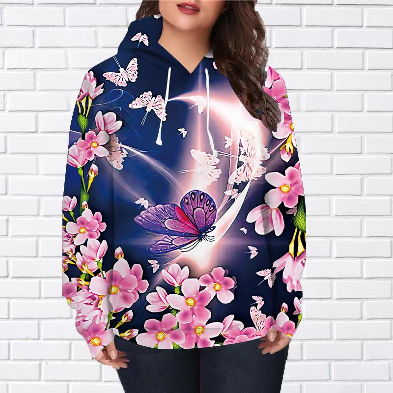 Womens Fashion Purple Crystal Starry Sky Butterfly Print Loose Hoodie Tops Blouse Sweatshirt Casual Long Sleeve Pullover Tops