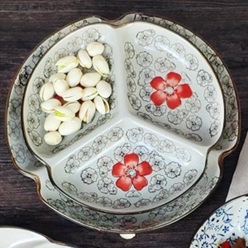 Разделительная тарелка в японском стиле, керамическая бытовая посуда для фруктовых салатов, многосекционная посуда для похудения, обеденная тарелка для быстрого питания, 1 шт.