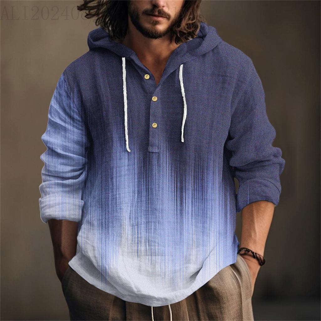 Printed Men's Cotton And Linen Shirt Hooded Long-sleeved Hooded Spring And Summer Casual Daily Wear