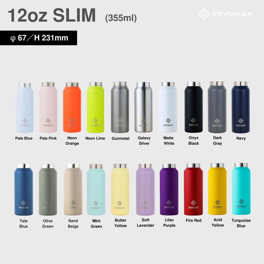 12oz Slim 355ml Stainless Steel Bottle Sold Keeps Hot Drinks Hot for 18 Cold for 36 Vacuum Gift REVOMAX [REVOMAX Official] (Cap Separately),