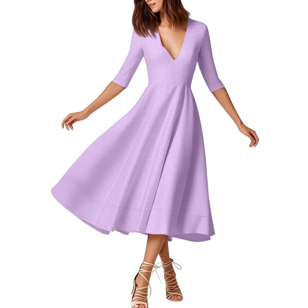 Женское модное платье средней длины со средним рукавом, сексуальное платье с V-образным вырезом