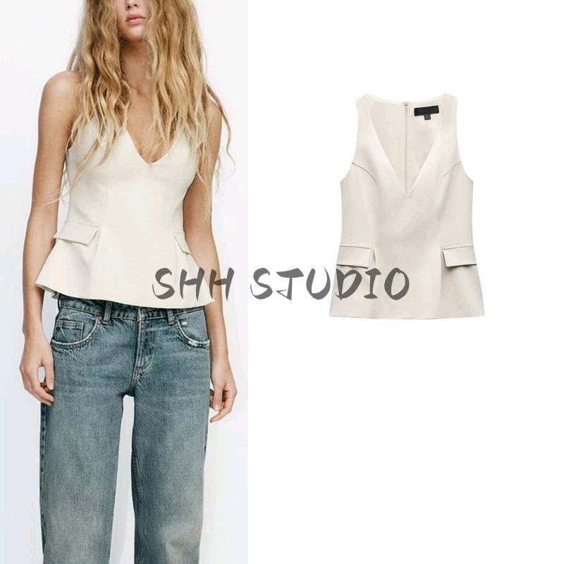 Spring New Women's Clothing French Style Design Short Skirt Hem Flip V-neck Vest Tops 2164554