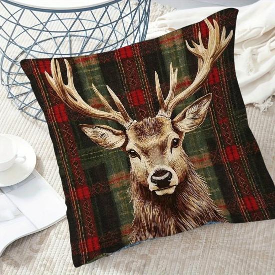 Christmas Elk Pillow Cover Red Green Plaid Elk Head Throw Pillow Cover 18 Inch X 18 Inch Winter Festive Pillowcase for Home Couch Sofa Bed Decoration