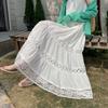 2025 Summer Women Skirts Vintage Elastic Pleated Elegant White Long Skirts New  Lace High Waist