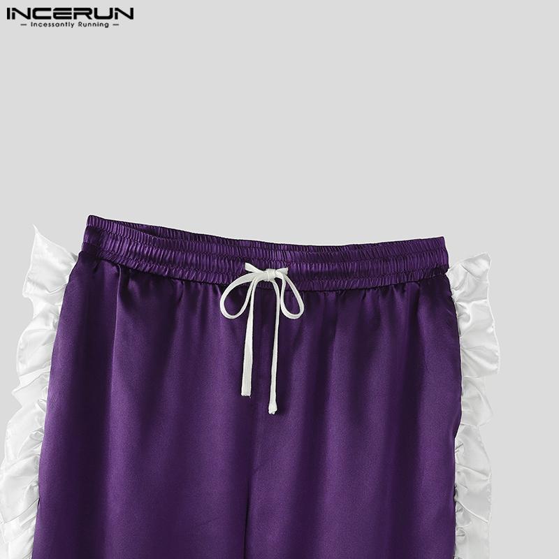 INCERUN Men Elastic Waist Drawstring Ruffled Hem Patchwork Long Harem Pants