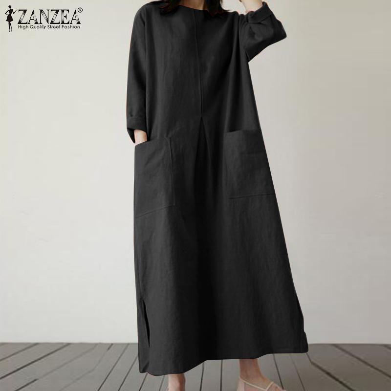 ZANZEA Женское повседневное хлопковое длинное платье с круглым вырезом и рукавами 3/4