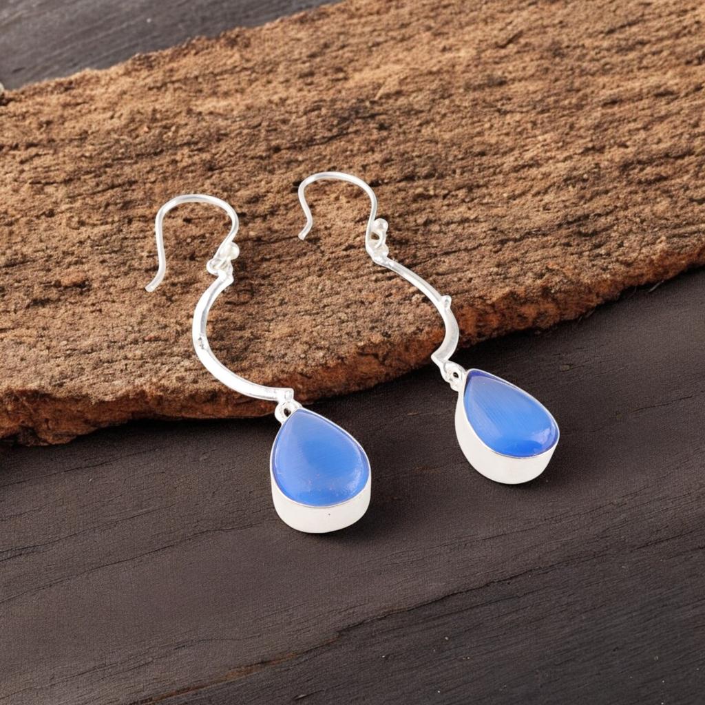 Dark Blue Cat's Eye Gemstone 925 Sterling Silver Jewelry Handmade Earrings 2.60" EE-43-42