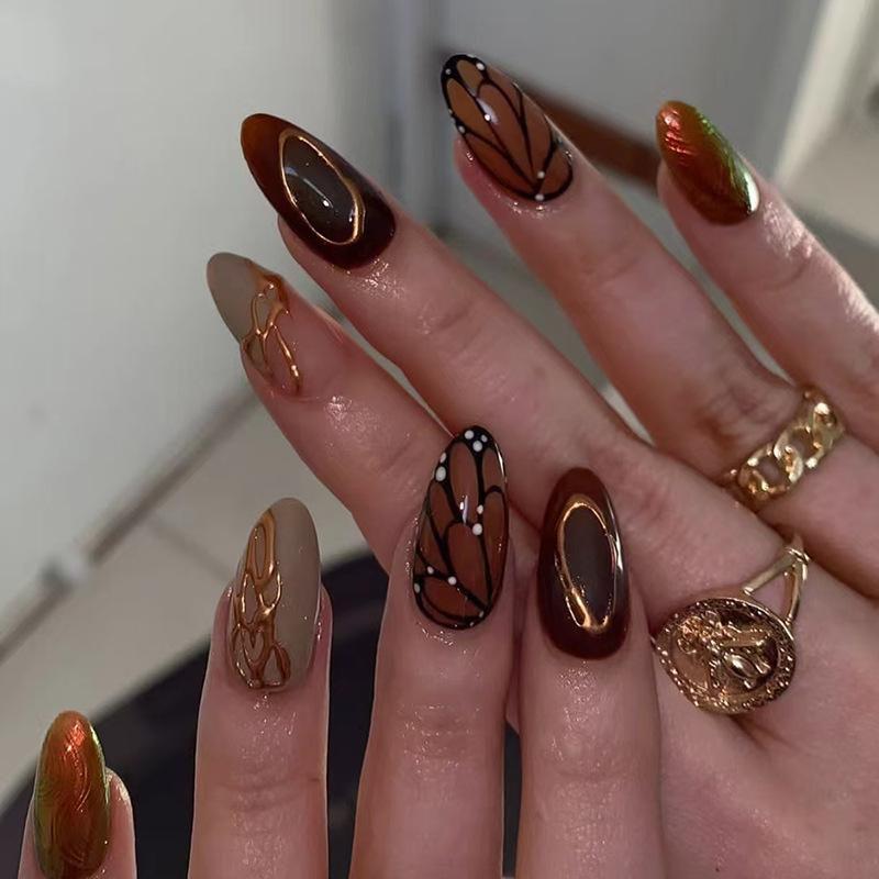 24Pcs Almond Press On Nails Ocean Blue French Tip With Flower Pearl Glitter Simple Wearable False Nail Art Manicure Set