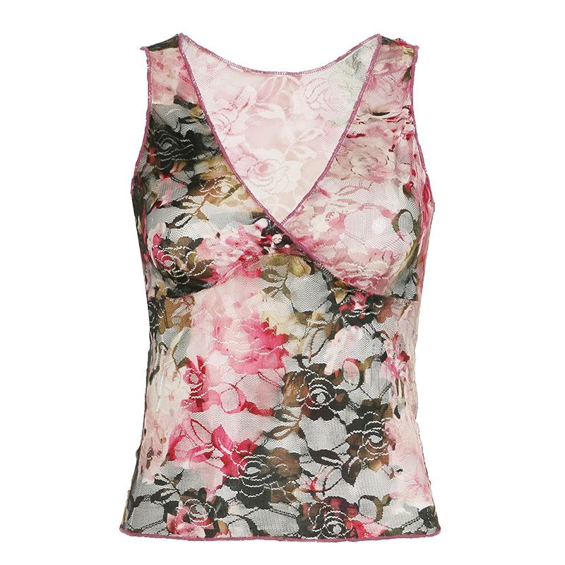 Women's Retro Floral Printing Color Clash Sexy V-Neck Lace Splicing Slim Neck Tank Top