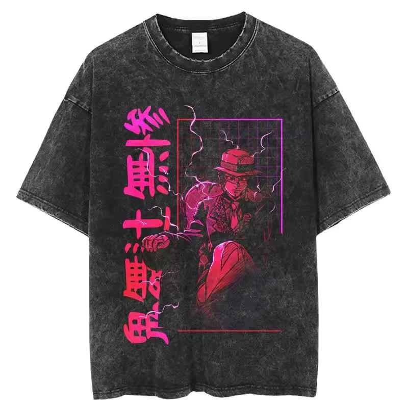 Anime Washed Short Sleeved Printed T-shirt, Loose Summer Ghost Slayer Blade for Men and Women, Popular American Style