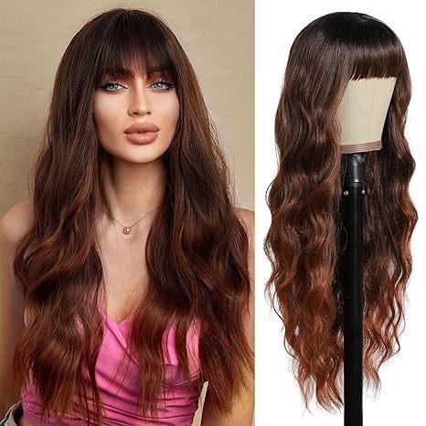 Bangs 26 Inches Deep Wave Body Wave Long Curly Synthetic Hair Wig Heat-Resistant Glueless European American Women High