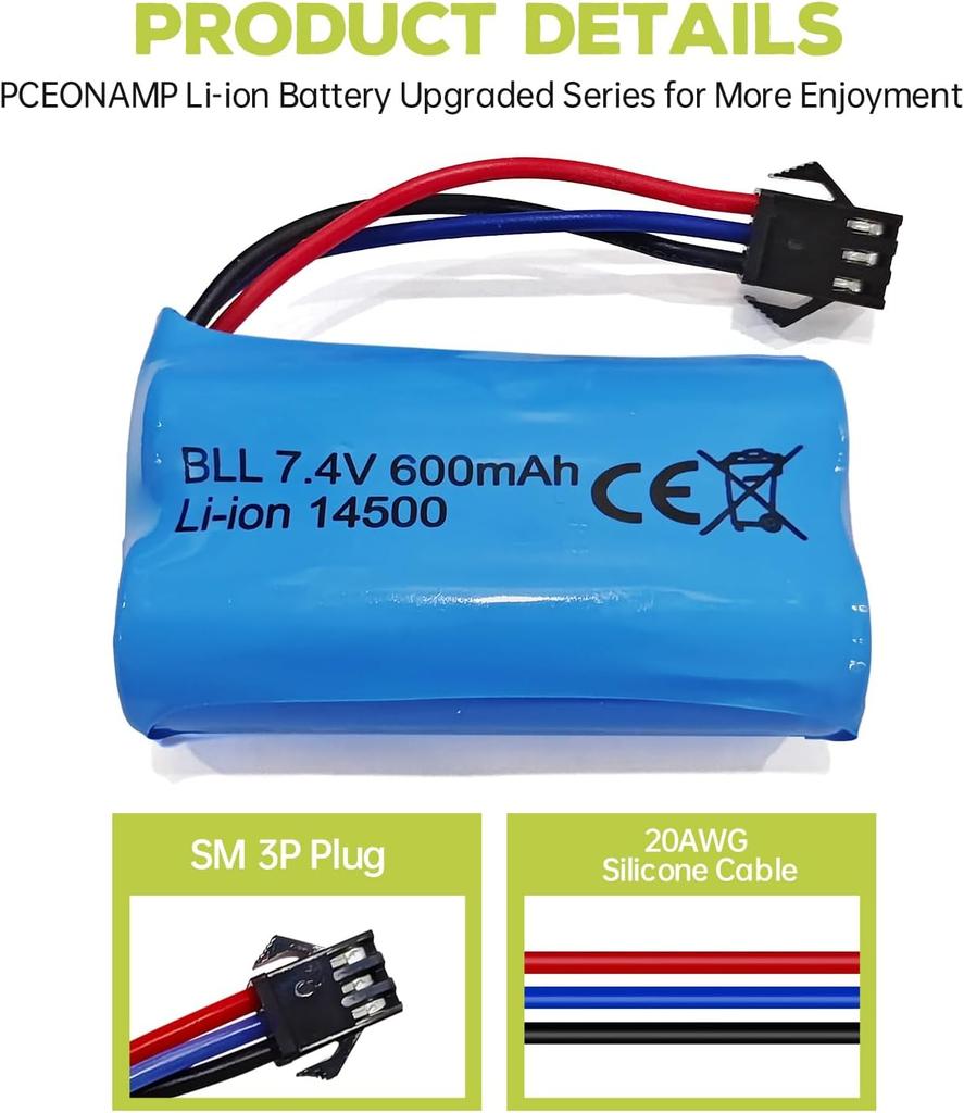 1x Li-ion Аккумулятор 7.4V 600mAh 2S с разъемом SM-3P + USB-кабель – Совместим с радиоуправляемой машиной DE82, TK3086B, TK-3082B, G20601, Машина-перевертыш