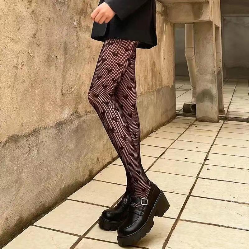 Women's Tights Love Heart Fishnet Stockings.Sexy Ladies Faux Tattoo Hollow Out Mesh Fishnet Pantyhose Female Club Party Hosiery