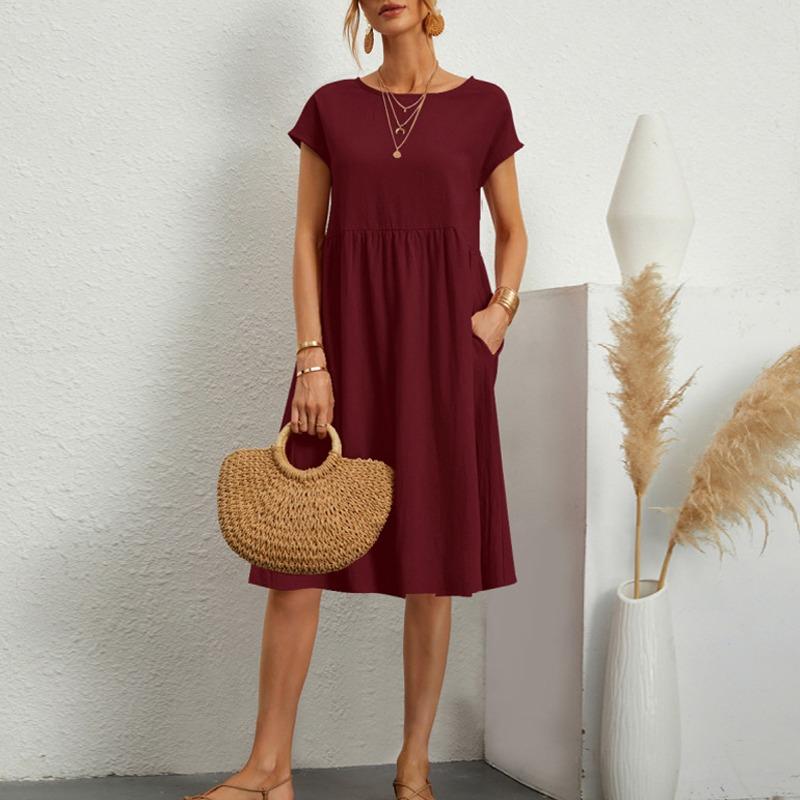 Летнее женское платье с короткими рукавами из хлопка и льна, однотонное повседневное свободное платье с круглым вырезом, пляжная юбка для отдыха на море