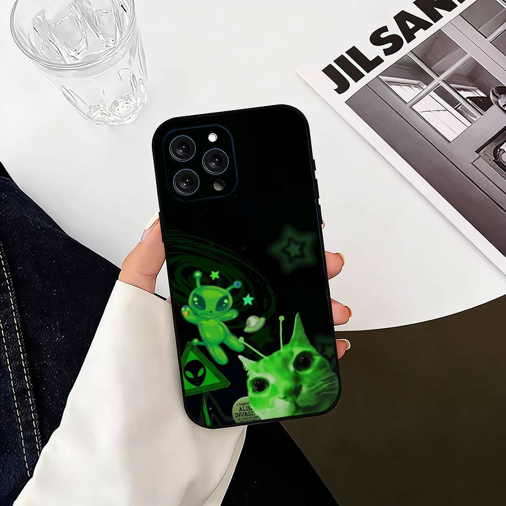 A-alien cat Green Phone Case Silicone Soft For IPhone 17 16 15 14 13 12 11 X XR Plus Pro Max Plus