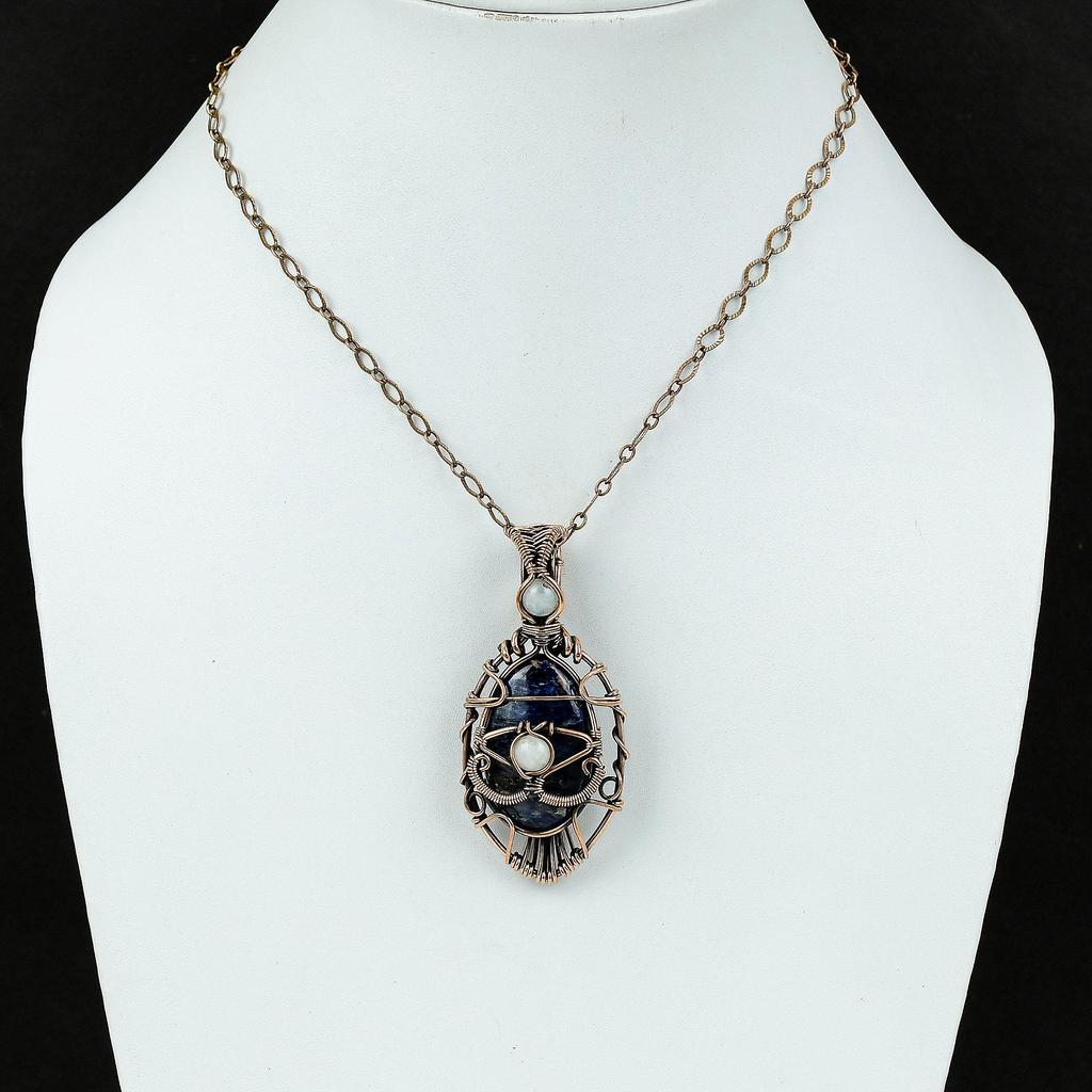 Подвеска с содалитом от сглаза, подвеска из медной проволоки, изящное ювелирное изделие из драгоценных камней, подвеска из радужного лунного камня, подарок для нее, ювелирное изделие из меди ручной работы