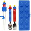 Stylish Oxford Block Figure Training Chopsticks, Spoon, Fork, and Case Set for Right-Handed Children and Kids (Blue)