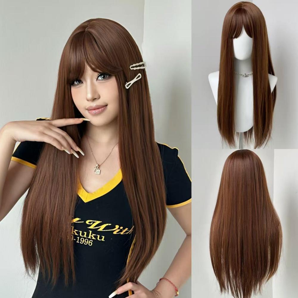Live Stream Popular Long Straight Wig With Full Bangs Heat Resistant Synthetic Hair Face Framing Design for Women