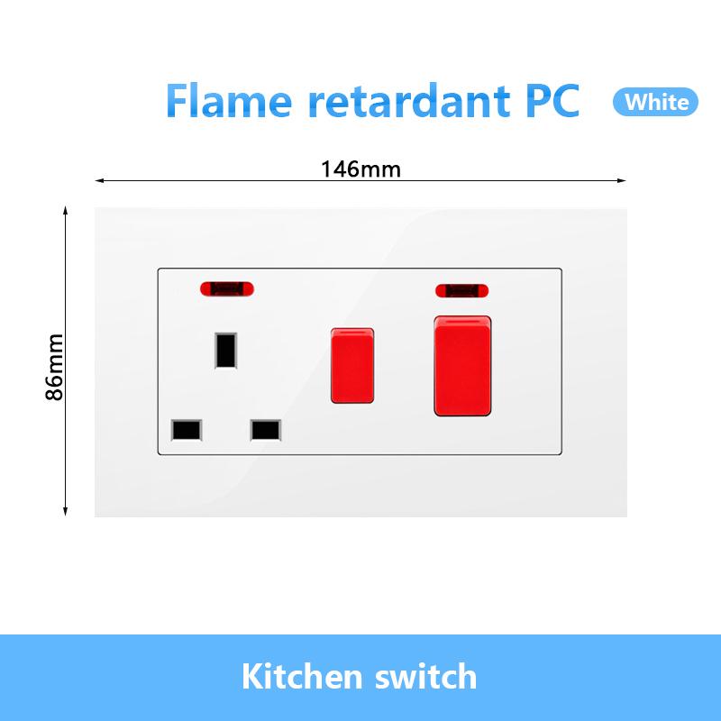 146 UK Standard 45A High Power Kitchen Electric Switch Socket 13A Wall Power Supply Cooker Glass Plastic Aluminum outlet Black