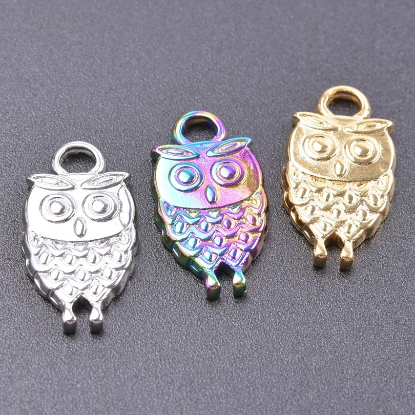 Kawaii Owl Pendant Rainbow/Gold/Silver Color Animal Charm Titanium Steel Charm For Jewelry Making Supplies DIY Necklace Material