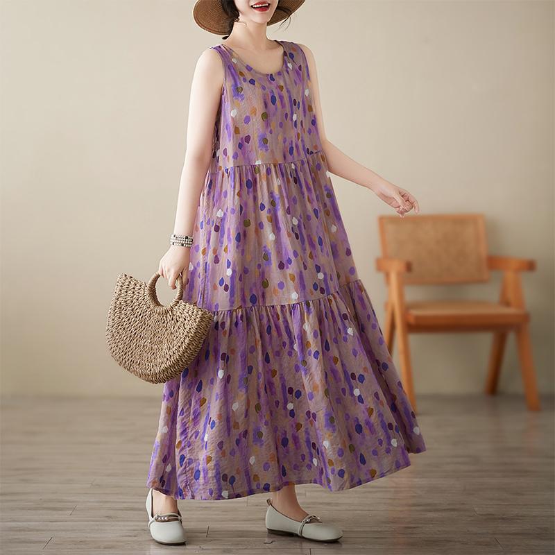 DIMANAF 2025 Новое летнее женское платье большого размера свободного кроя в винтажный горошек, базовый сарафан, повседневное длинное платье