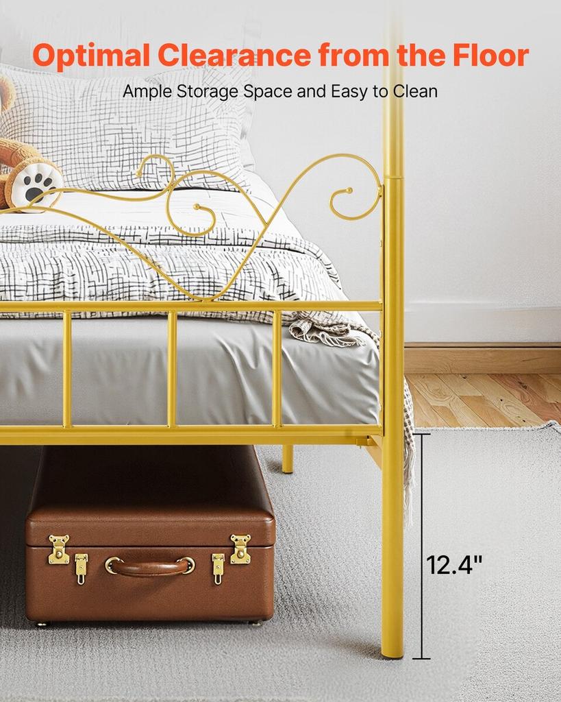 Queen Size Canopy Bed Frame, Metal Canopy Bed with Minimalist Headboard & Four Posters Design, Heavy Duty Steel Slats Support, Underbed Storage Space,
