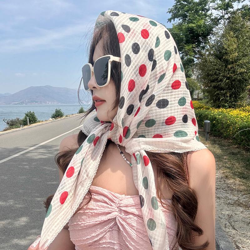 New Summer Cotton and Linen Scarf for Women Spring and Autumn Dots Small Square Scarf Triangle Scarf Sun Protection Scarf Headscarf