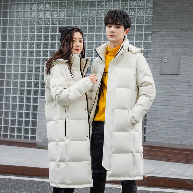 Winter new solid color thickened hooded long knee down jacket trendy fashion couple white duck down warm jacket