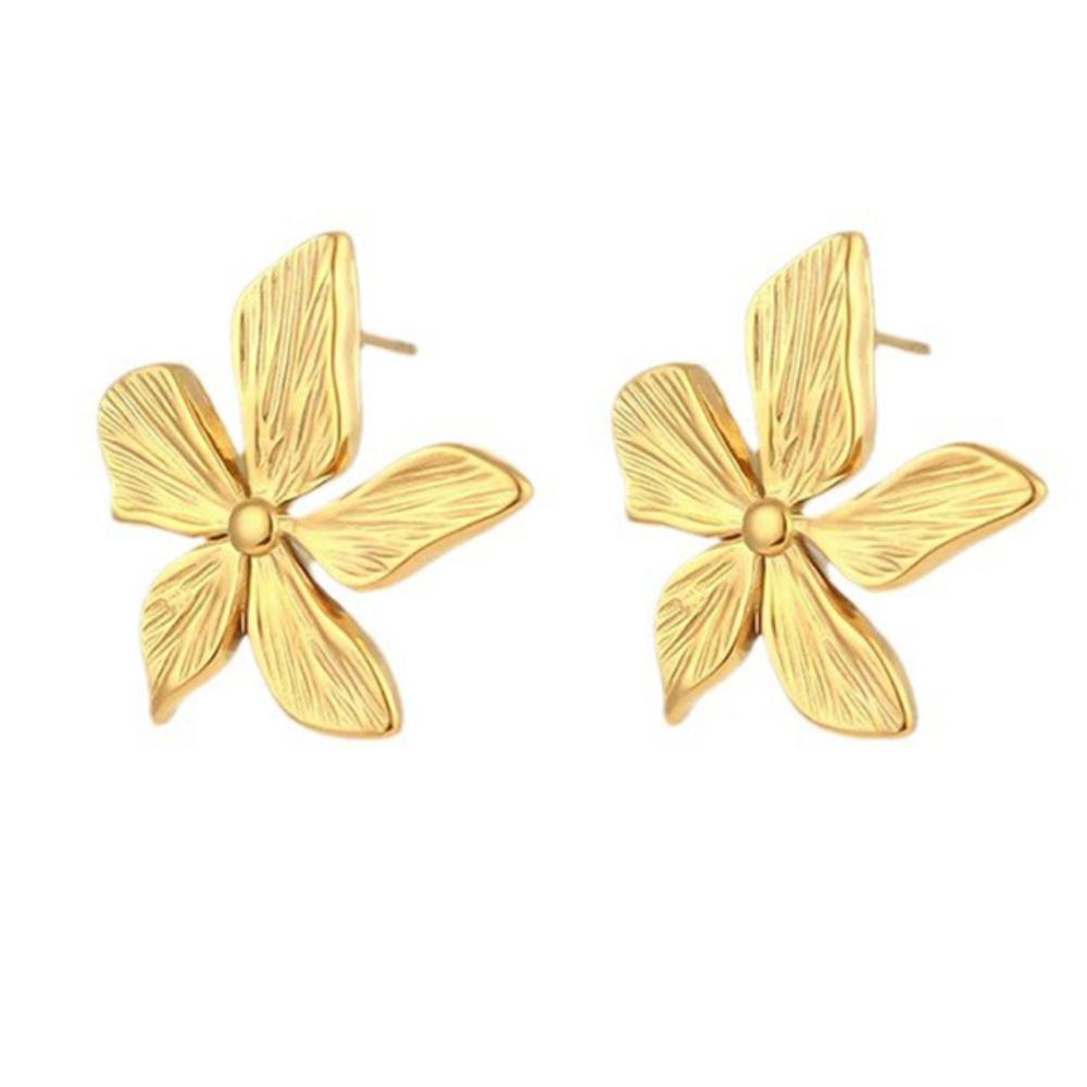 Trendy Golden Flower Stud Earrings Stainless Steel Metal Jewelry Simple Texture Floral Earrings Gifts for Women Waterproof