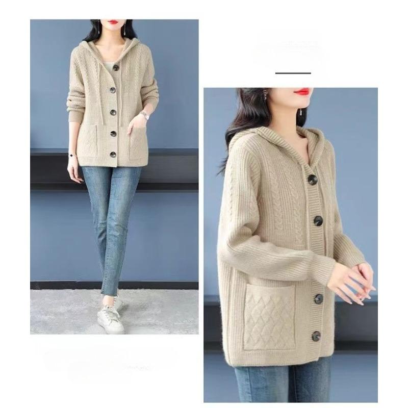 Thick Knitted Hooded Cardigan for Middle-aged and Elderly Women In Short Length