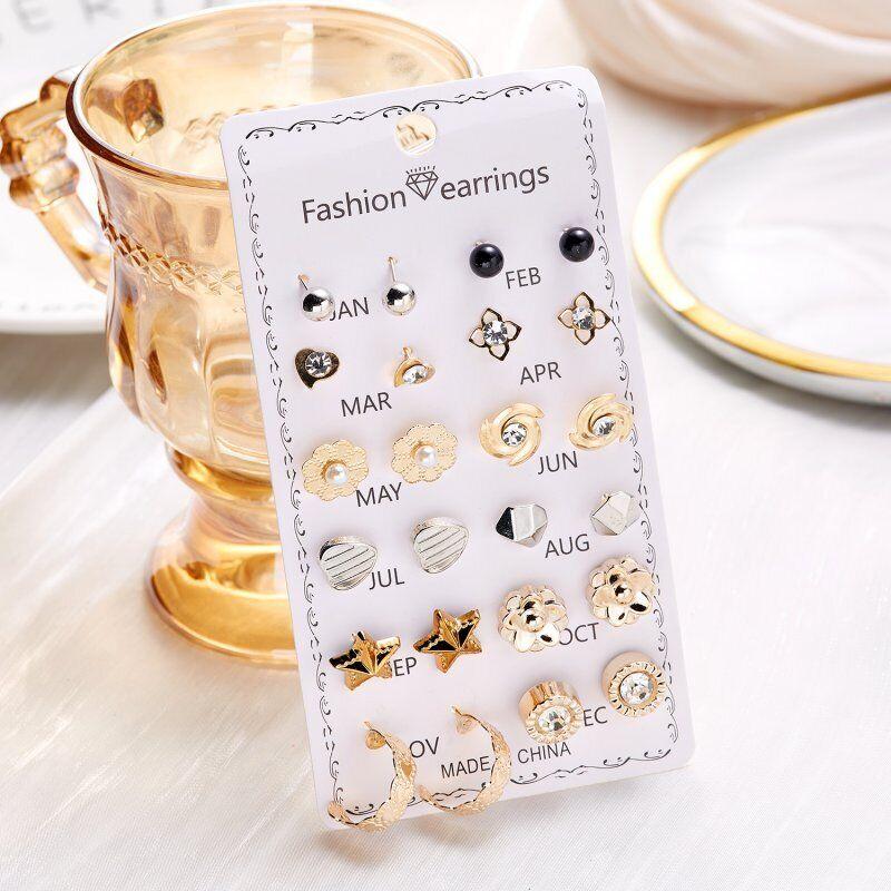 12 Pairs Earrings Set Stud Crystal Pearl Butterfly Flower Heart Women Jewelry