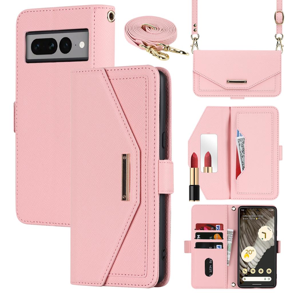 For Google Pixel 7 Pro 5G Stand Case Cross Texture PU Leather Wallet Phone Cover with Shoulder Strap/Makeup Mirror