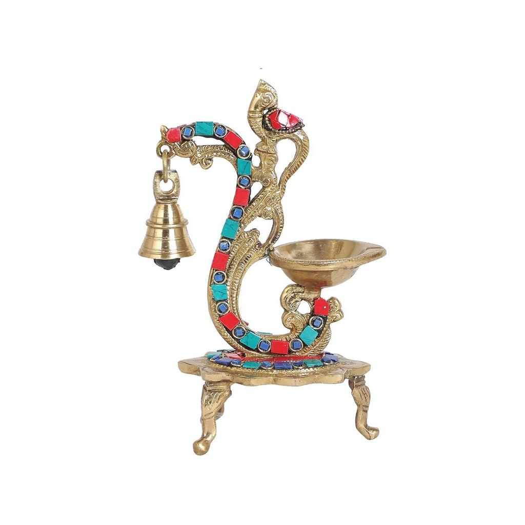 Gemstone Work Ethnic Carved Peacock Design Brass Diya with Bell, Brass Antique Oil Lamp, Brass Diyas for Home, Latest