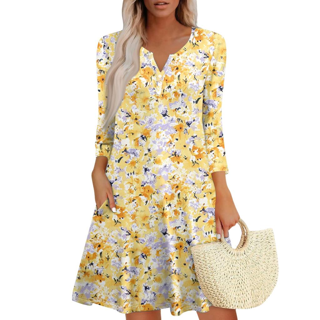 Женское модное платье с V-образным вырезом, пуговицами, рукавами длиной семь восьмых, карманом и цветочным принтом