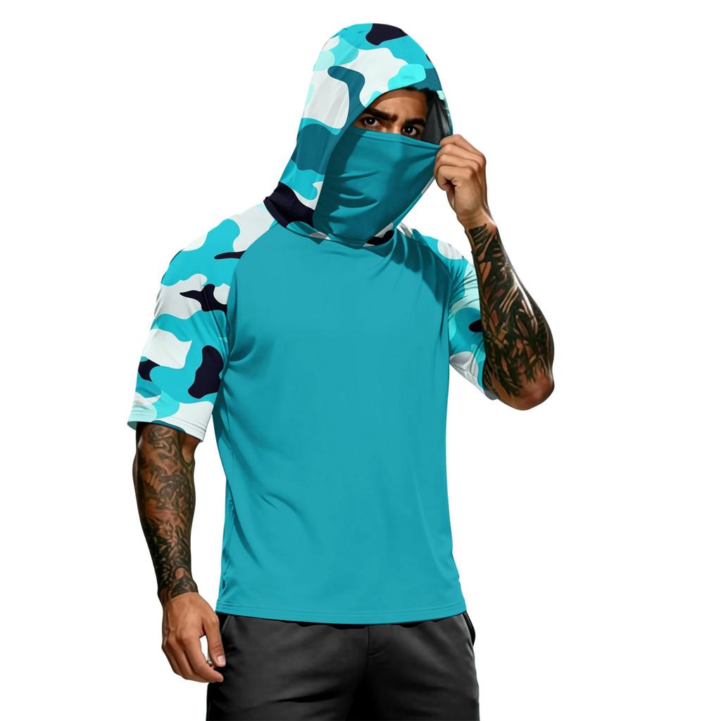 Мужская летняя камуфляжная градиентная быстросохнущая футболка с коротким рукавом, одежда от солнца, для рыбалки, фитнеса, спорта, с капюшоном