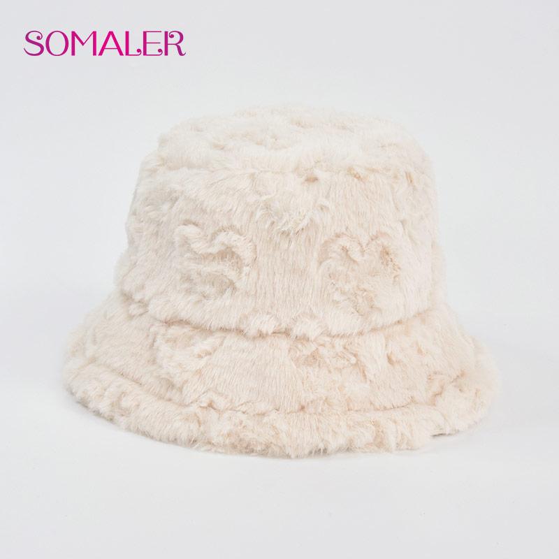 SOMALER Ведро из искусственного кроличьего меха для женщин, зимние теплые шапки с узором в виде сердца, пушистая однотонная рыбацкая шляпа, уличная Панама для женщин