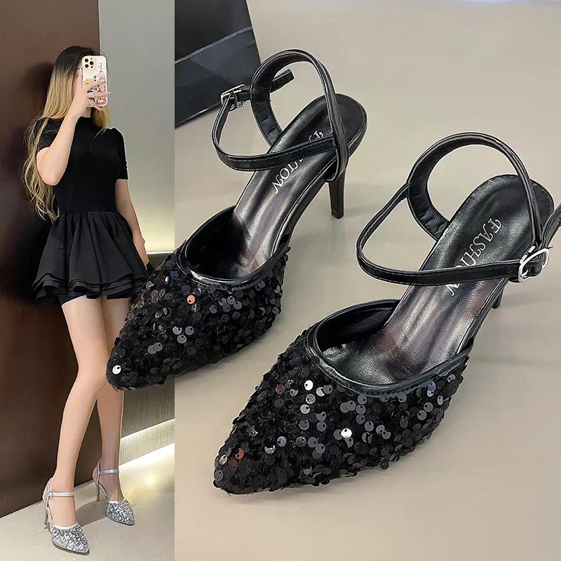 Мода 35-42 Размер Большой Размер Женская Обувь Широкие Полные Ноги Лето 2025 Новые Босоножки с Закрытым Носком Острый Каблук-Шпилька