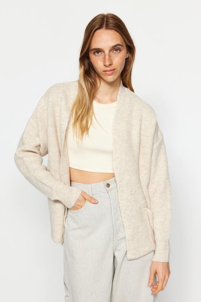 Women's Fashion New Cardigan Stone Wide Fit Soft Textured Pocket Detailed Knitwear Cardigan