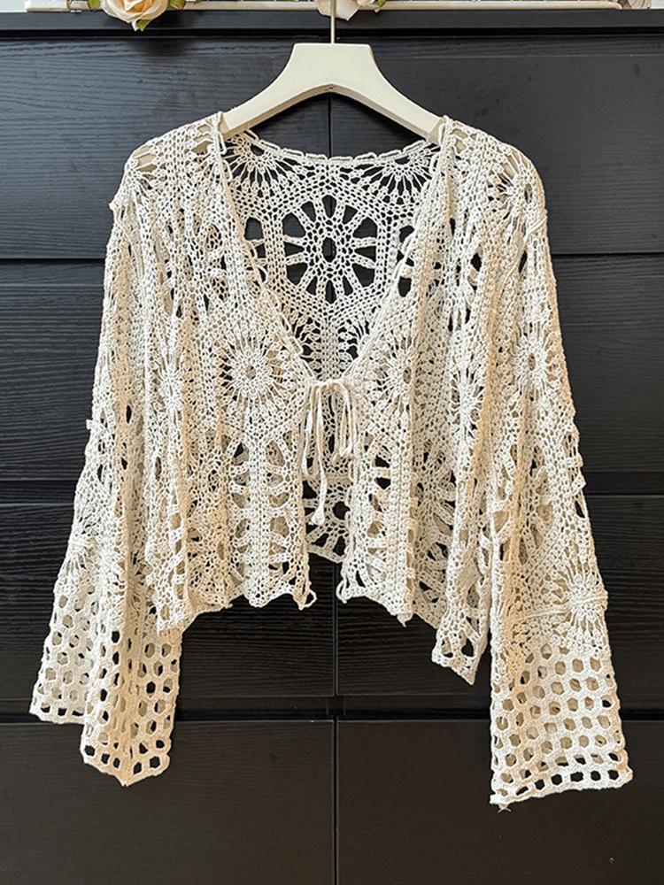 Богемный вязаный кардиган на завязках крючком - Женский топ с длинным рукавом для защиты от солнца