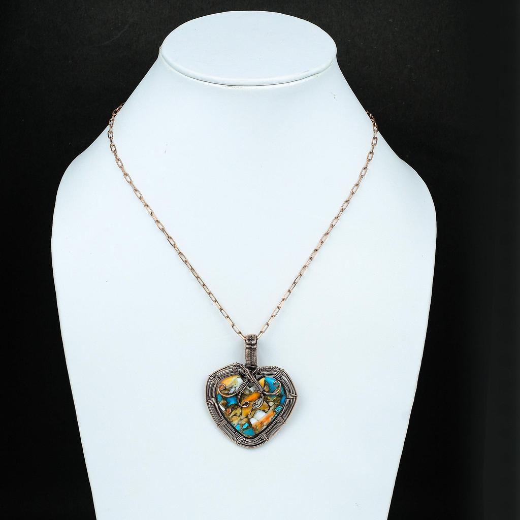 Колючая устрица, медная бирюзовая подвеска, кулон с драгоценным камнем, медная проволока, кулон, медные украшения, кулон в форме сердца ручной работы, подарок для нее