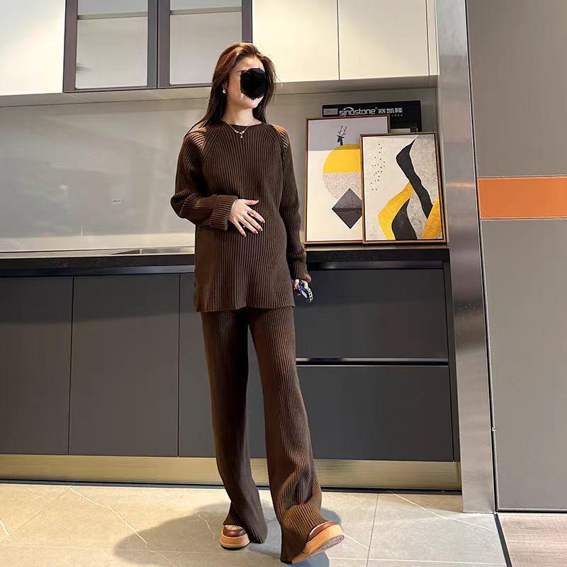 Корейский ретро теплый свитер и вязаные брюки широкого покроя, комплект из двух предметов, осень/зима 2025