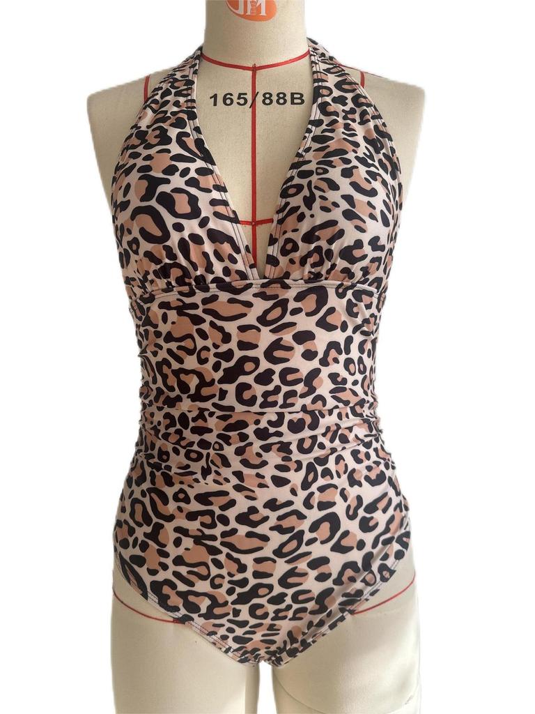 2025 Sexy Deep V European & American Print Tie-Up Halter Bikini Swimsuit