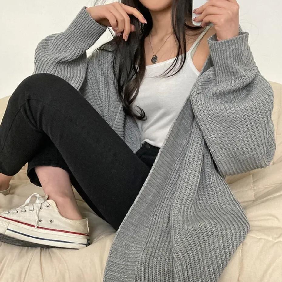 Женский кардиган средней длины, повседневный, вязаный - Осень и Зима, однотонный, свободного кроя, универсальный свитер чулочной вязкой